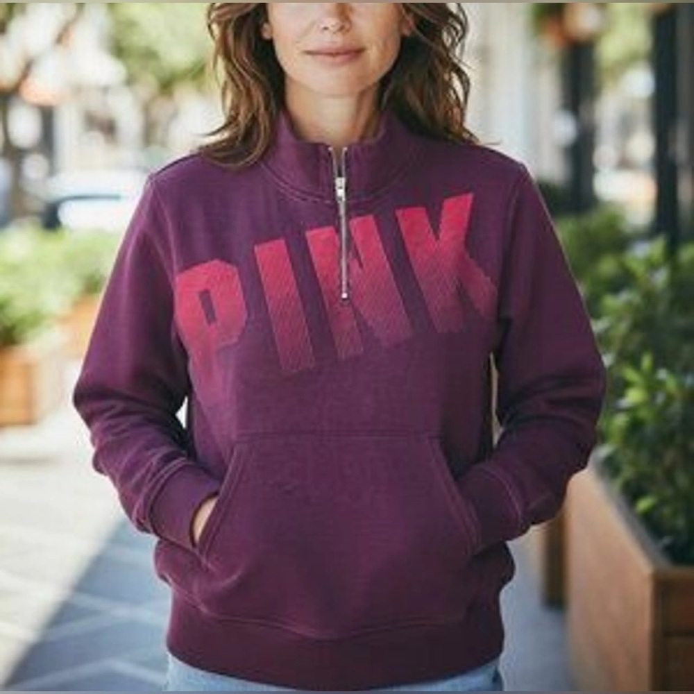 PINK Victoria's Secret Women's Burgundy Quarter-Zip Sweatshirt. Size-Small